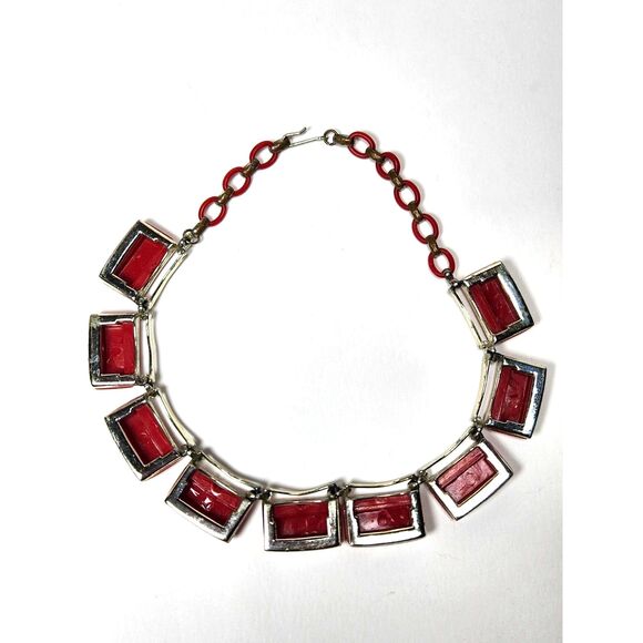 Vintage Lisner Red Thermoset Necklace Silver Tone Retro Statement Choker - Picture 6 of 7